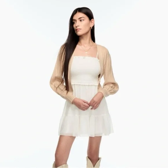 Aritzia Wilfred Tempest Sleeveless Mini Dress Smocked Chiffon L - Picture 3 of 7